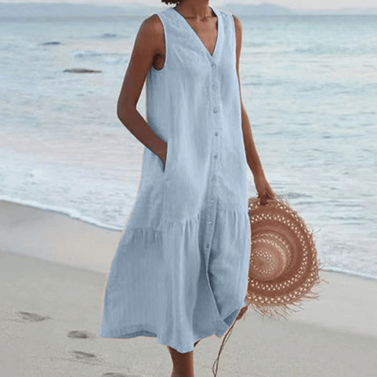 Midi Zomerjurk Dames van Katoen met Flatterende V - Hals en Lichtgewicht Pasvorm - ZovaFashion - Midi Jurk