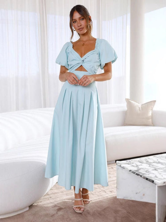 Midi zomerjurk dames van katoen met V - hals en pofmouwen - ZovaFashion - Midi Jurk