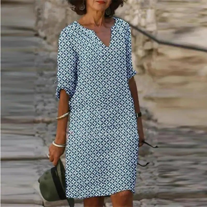 Midi Zomerjurk Dames van Katoenblend met V - Hals en 3/4 Mouw - Relaxed Fit - Zova - Fashion