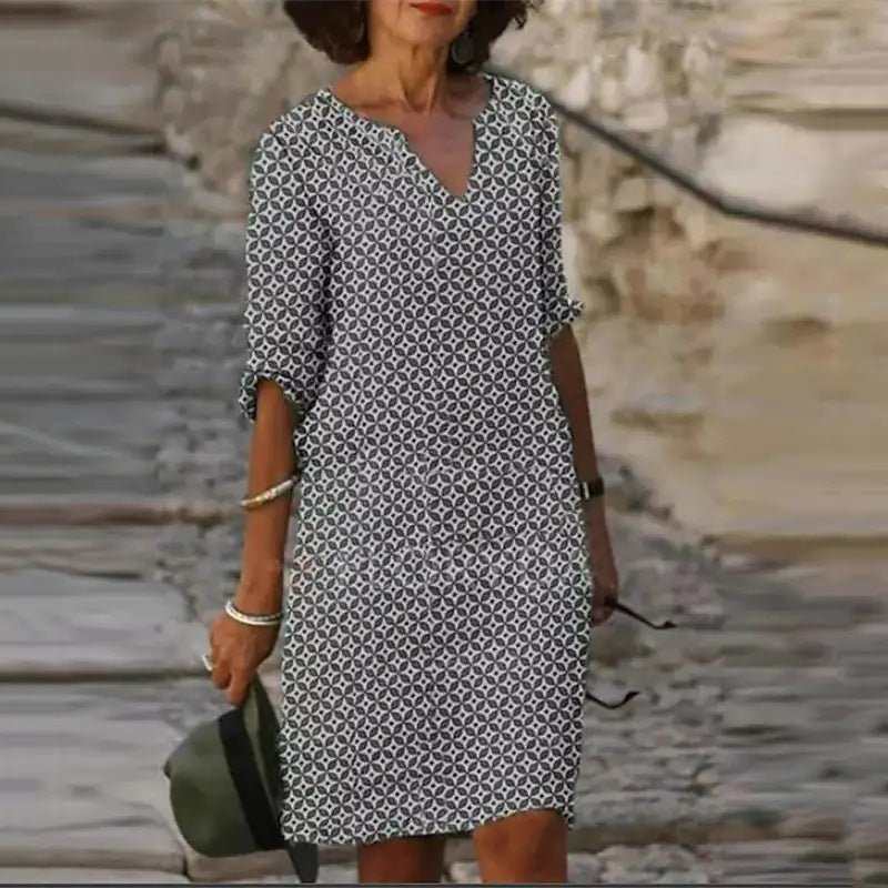 Midi Zomerjurk Dames van Katoenblend met V - Hals en 3/4 Mouw - Relaxed Fit - Zova - Fashion