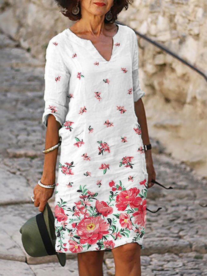 Midi Zomerjurk Dames van Katoenblend met V - Hals en 3/4 Mouw - Relaxed Fit - Zova - Fashion