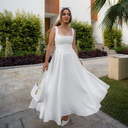 Midi Zomerjurk Dames van Lichtgewicht Polyester met Vierkante Halslijn - ZovaFashion - Midi Jurken