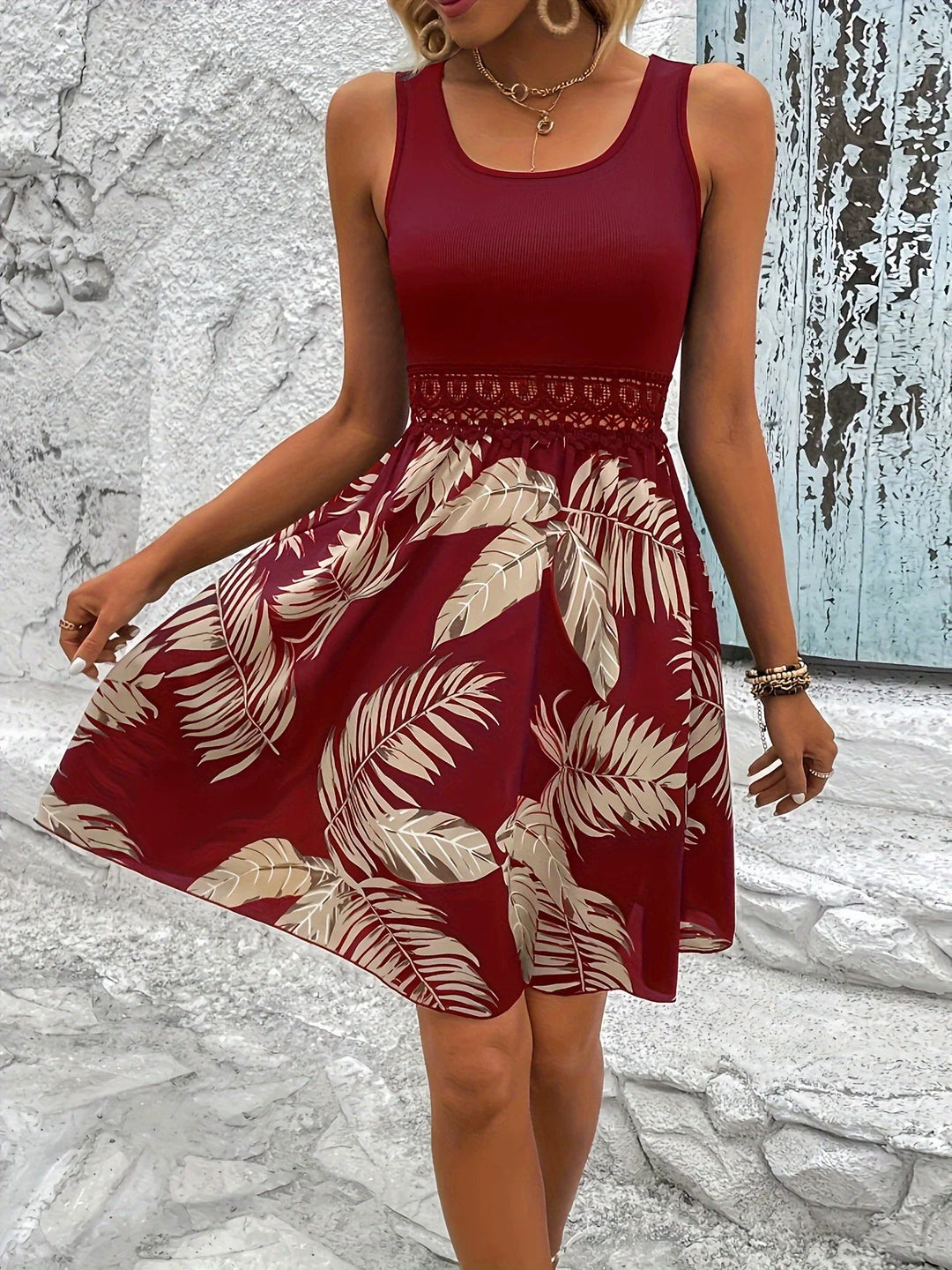 Midi Zomerjurk Dames van Polyester met Mouwloos Ribbed Top en Lace Taille - ZovaFashion - Midi Jurken