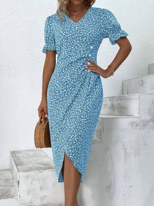 Midi Zomerjurk Dames van Rayon met V - Hals en Ruffle Mouw Detail - ZovaFashion - Midi Jurken