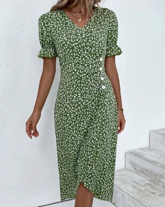 Midi Zomerjurk Dames van Rayon met V - Hals en Ruffle Mouw Detail - ZovaFashion - Midi Jurken