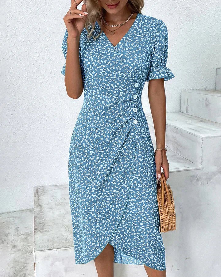 Midi Zomerjurk Dames van Rayon met V - Hals en Ruffle Mouw Detail - ZovaFashion - Midi Jurken