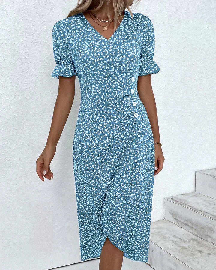 Midi Zomerjurk Dames van Rayon met V - Hals en Ruffle Mouw Detail - ZovaFashion - Midi Jurken