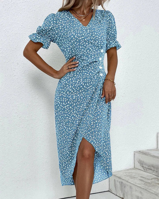 Midi Zomerjurk Dames van Rayon met V - Hals en Ruffle Mouw Detail - ZovaFashion - Midi Jurken