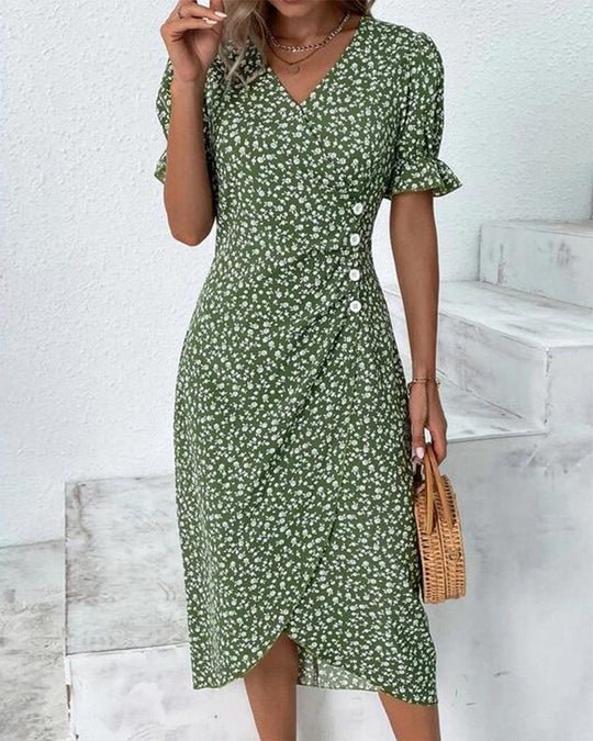 Midi Zomerjurk Dames van Rayon met V - Hals en Ruffle Mouw Detail - ZovaFashion - Midi Jurken