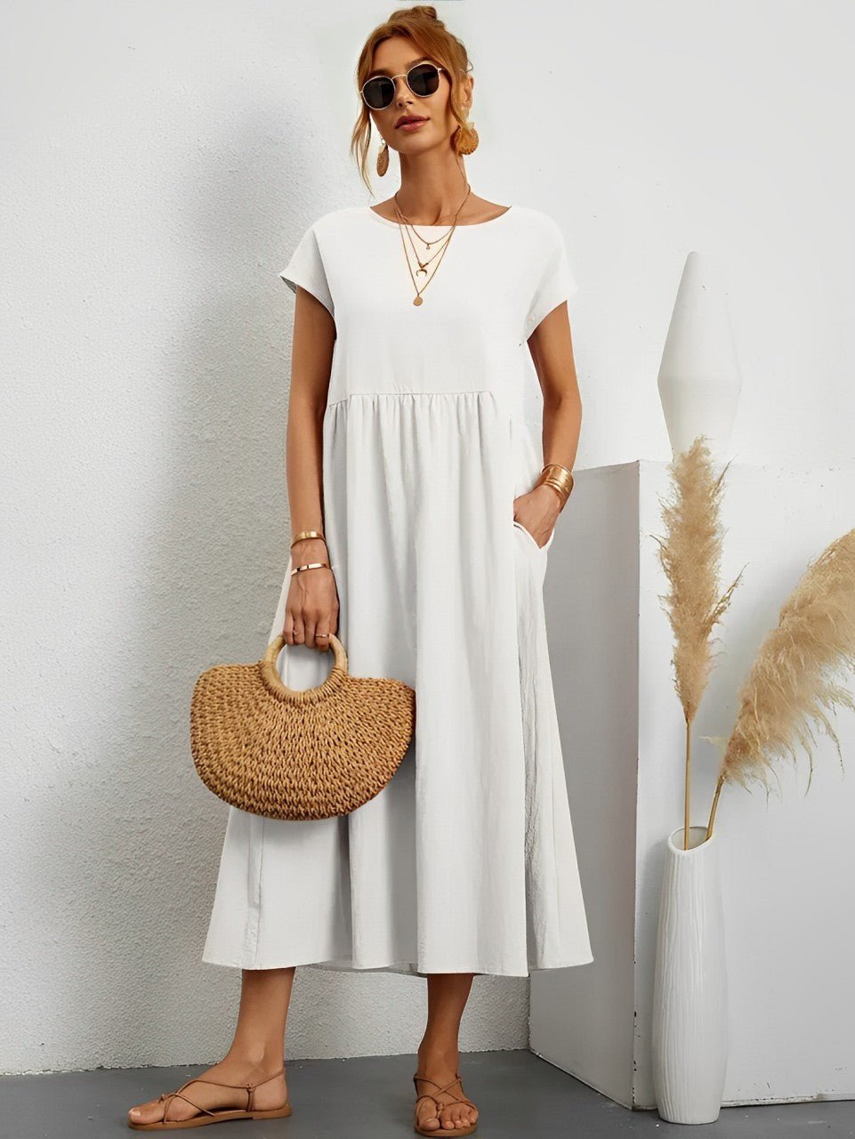 Midi Zomerjurk in Ademend Katoen met Flatterende Pasvorm - ZovaFashion - Midi Jurk