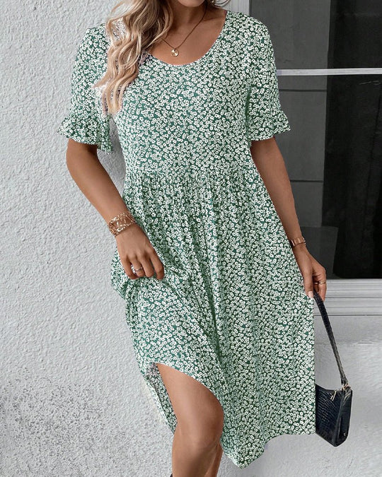 Midi Zomerjurk in Polyester - Blend met Elegant Bloemenpatroon en Flatterende Pasvorm - Zova - Fashion - Midi Jurk