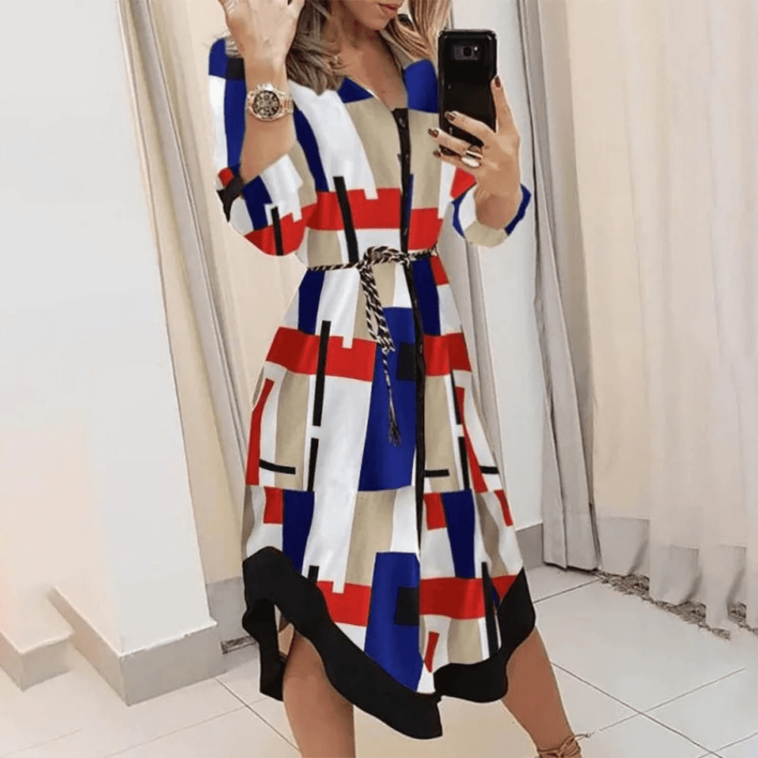 Midi Zomerjurk in Polyester met Verstelbare Taille en Elegante Pasvorm - ZovaFashion - Midi Jurk