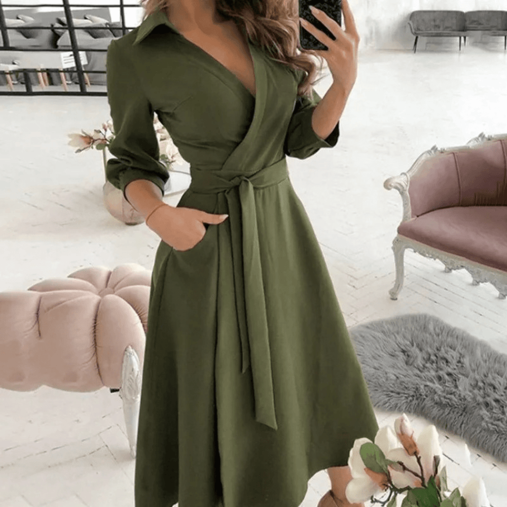 Midi Zomerjurk in Polyester met Verstelbare Taille en Elegante Pasvorm - ZovaFashion - Midi Jurk