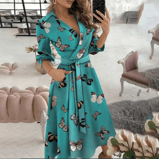 Midi Zomerjurk in Polyester met Verstelbare Taille en Elegante Pasvorm - ZovaFashion - Midi Jurk