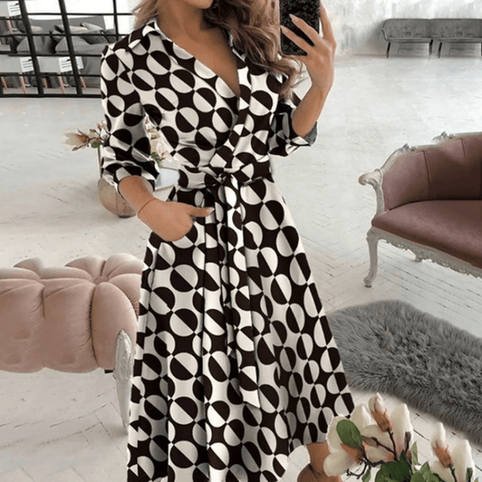 Midi Zomerjurk in Polyester met Verstelbare Taille en Elegante Pasvorm - ZovaFashion - Midi Jurk