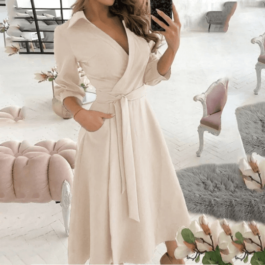 Midi Zomerjurk in Polyester met Verstelbare Taille en Elegante Pasvorm - ZovaFashion - Midi Jurk