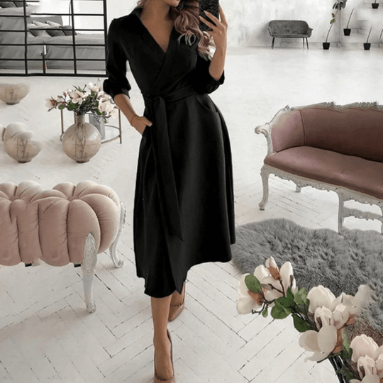 Midi Zomerjurk in Polyester met Verstelbare Taille en Elegante Pasvorm - ZovaFashion - Midi Jurk