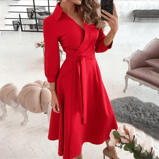 Midi Zomerjurk in Polyester met Verstelbare Taille en Elegante Pasvorm - ZovaFashion - Midi Jurk