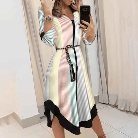 Midi Zomerjurk in Polyester met Verstelbare Taille en Elegante Pasvorm - ZovaFashion - Midi Jurk