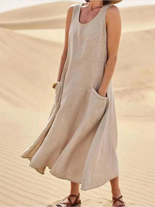 Midi Zomerjurk in Premium Stof met Praktische Zakken en Flatterende Pasvorm - ZovaFashion - Midi Jurk