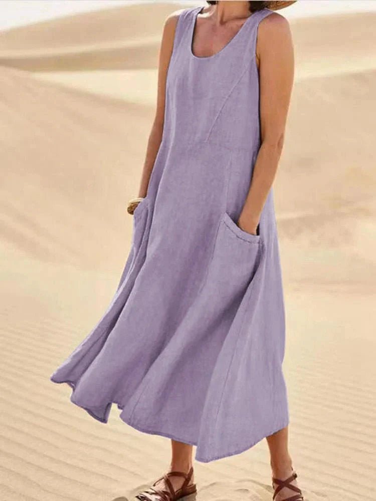 Midi Zomerjurk in Premium Stof met Praktische Zakken en Flatterende Pasvorm - ZovaFashion - Midi Jurk