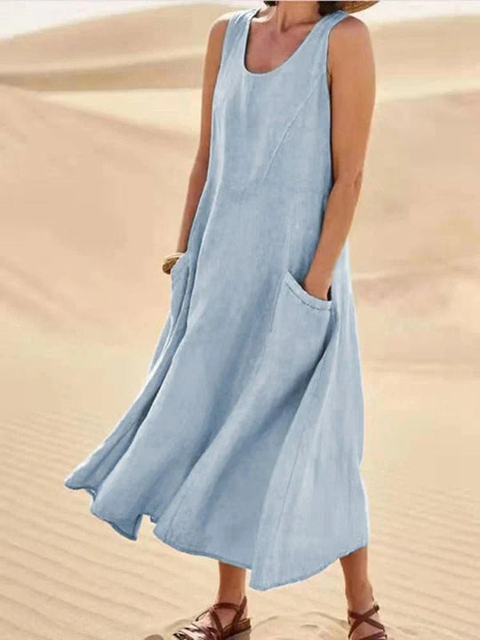Midi Zomerjurk in Premium Stof met Praktische Zakken en Flatterende Pasvorm - ZovaFashion - Midi Jurk
