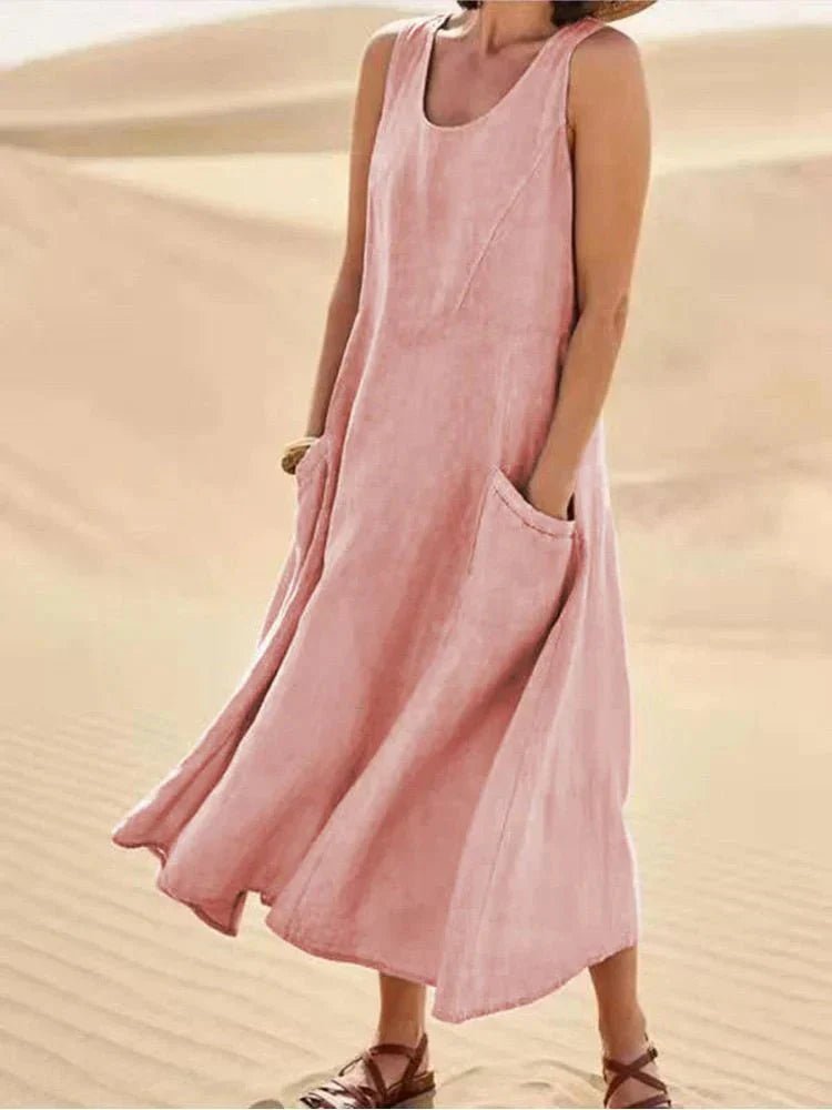 Midi Zomerjurk in Premium Stof met Praktische Zakken en Flatterende Pasvorm - ZovaFashion - Midi Jurk