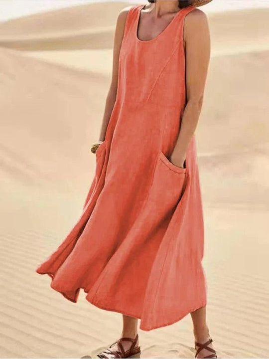 Midi Zomerjurk in Premium Stof met Praktische Zakken en Flatterende Pasvorm - ZovaFashion - Midi Jurk