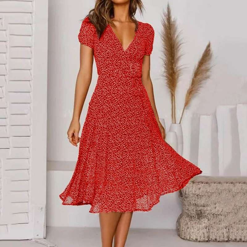 Midi Zomerjurk met V - Hals en A - lijn Silhouet van Lichtgewicht Stof - ZovaFashion - Midi Jurk