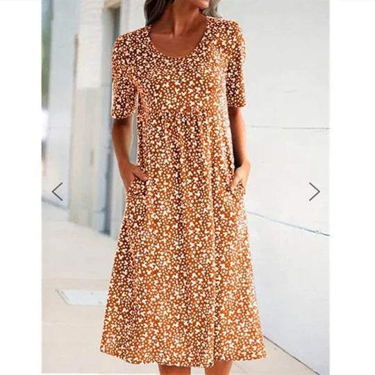 Midi Zomerjurk van Katoen met Bohemian Design en Functionele Voorzakken - ZovaFashion - Midi Jurk