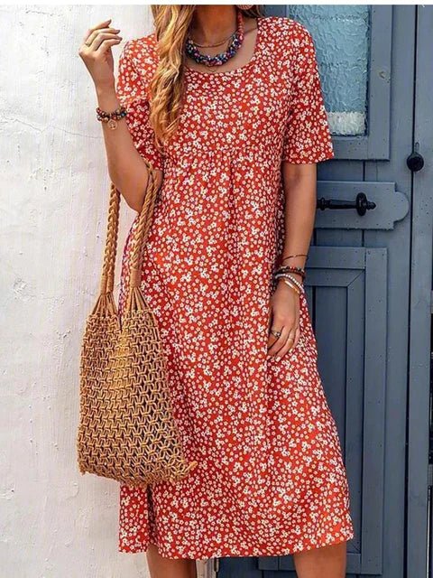 Midi Zomerjurk van Katoen met Bohemian Design en Functionele Voorzakken - ZovaFashion - Midi Jurk