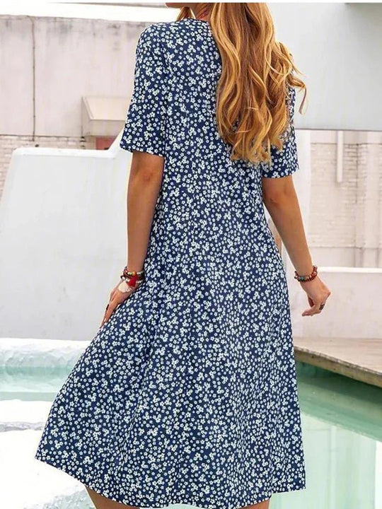 Midi Zomerjurk van Katoen met Bohemian Design en Functionele Voorzakken - ZovaFashion - Midi Jurk