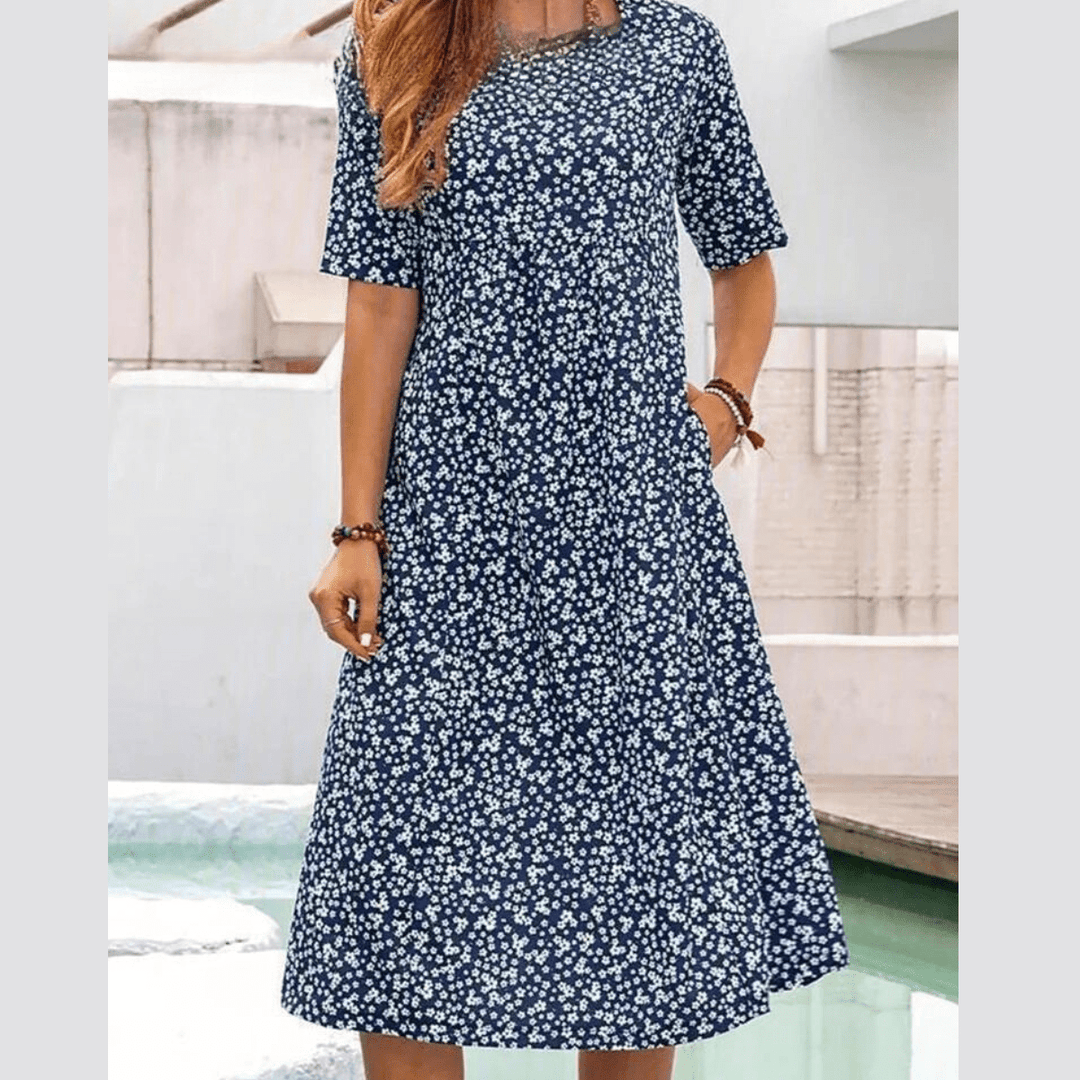 Midi Zomerjurk van Katoen met Bohemian Design en Functionele Voorzakken - ZovaFashion - Midi Jurk