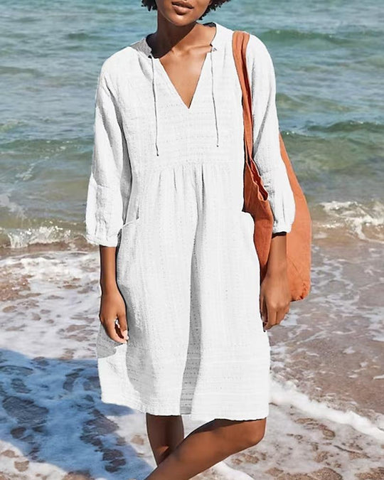 Midi Zomerjurk van Katoen met Lange Mouwen en Getailleerde Pasvorm - Zova - Fashion - Midi Jurk