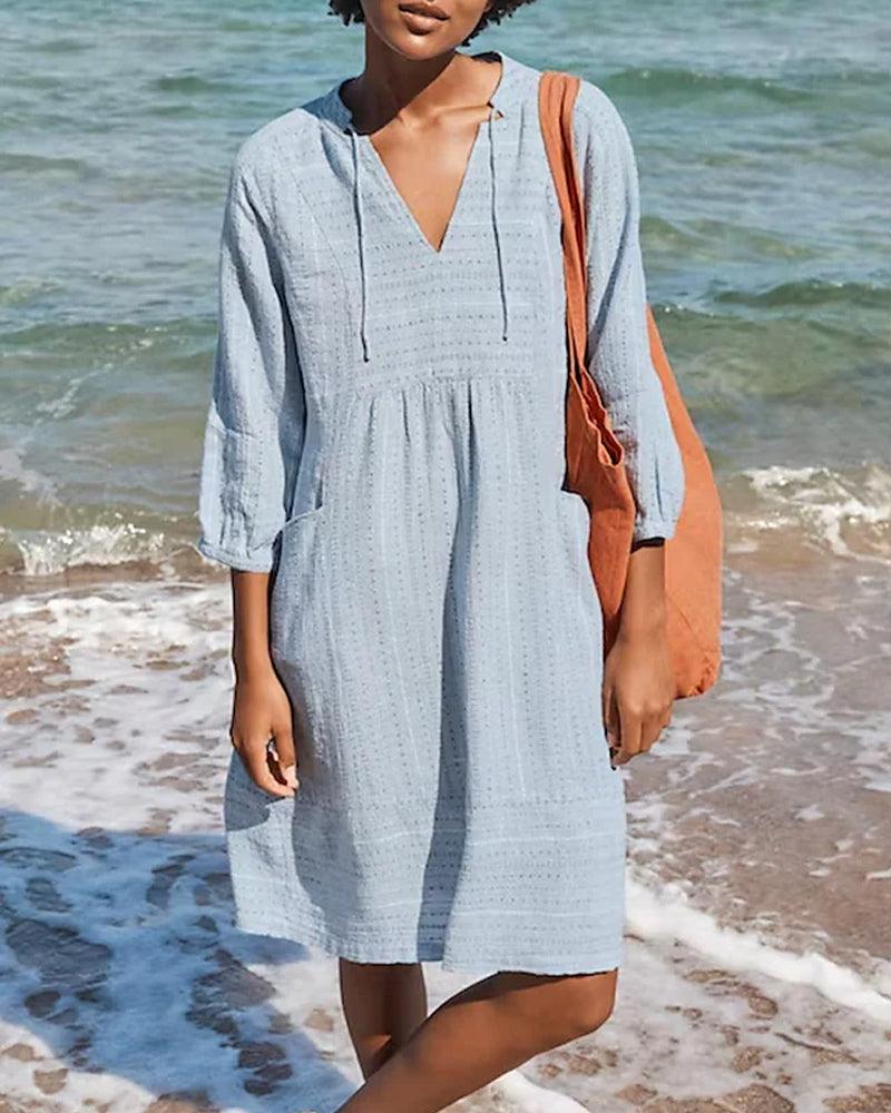 Midi Zomerjurk van Katoen met Lange Mouwen en Getailleerde Pasvorm - Zova - Fashion - Midi Jurk