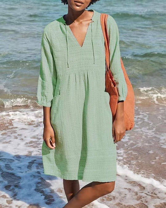 Midi Zomerjurk van Katoen met Lange Mouwen en Getailleerde Pasvorm - Zova - Fashion - Midi Jurk
