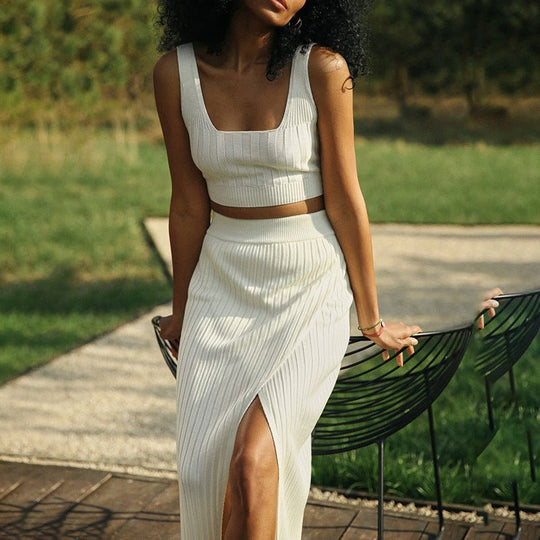 Midi Zomerrok Dames - Elegante Ribgebreide Kokerrok met Hoge Taille en Stijlvolle Split - Zova - Fashion