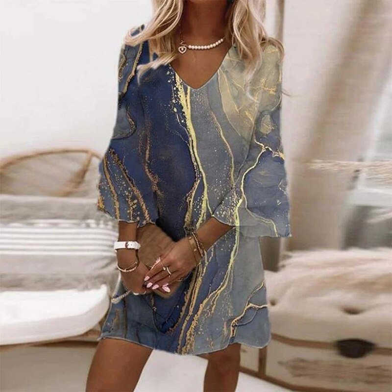 Mini Zomerjurk Dames van Viscose met V - Hals en 3/4 Mouw - Elegante Pasvorm - Zova - Fashion