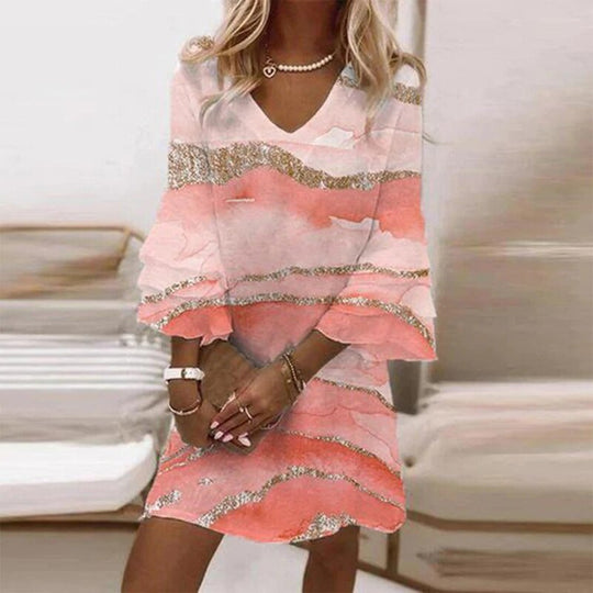 Mini Zomerjurk Dames van Viscose met V - Hals en 3/4 Mouw - Elegante Pasvorm - Zova - Fashion