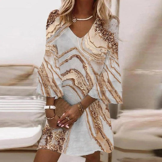 Mini Zomerjurk Dames van Viscose met V - Hals en 3/4 Mouw - Elegante Pasvorm - Zova - Fashion