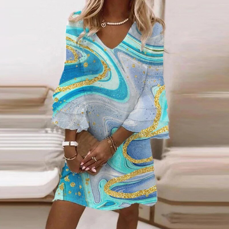 Mini Zomerjurk Dames van Viscose met V - Hals en 3/4 Mouw - Elegante Pasvorm - Zova - Fashion