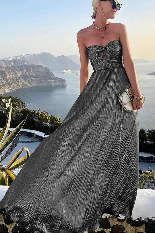 Off - Shoulder Shimmer Maxi Zomerjurk met Vloeiende Pasvorm en Subtiele Glans - ZovaFashion - Maxi Jurk