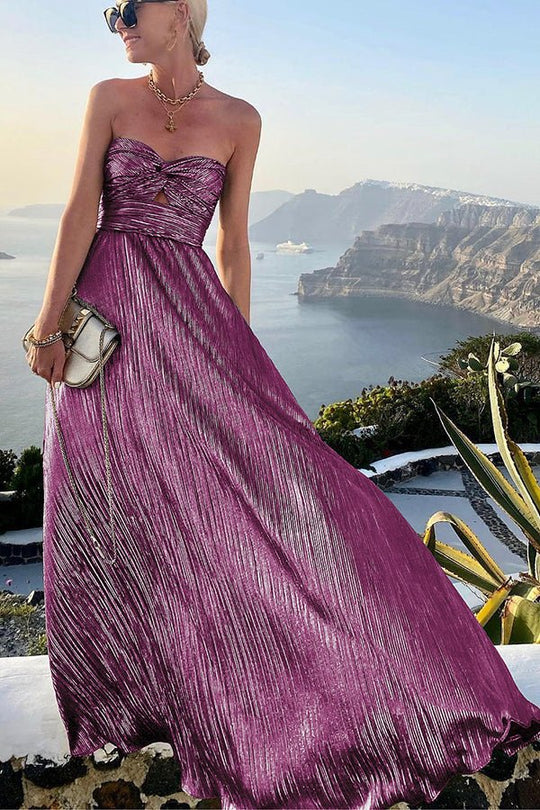 Off - Shoulder Shimmer Maxi Zomerjurk met Vloeiende Pasvorm en Subtiele Glans - ZovaFashion - Maxi Jurk