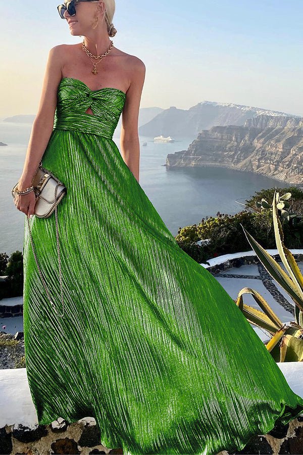 Off - Shoulder Shimmer Maxi Zomerjurk met Vloeiende Pasvorm en Subtiele Glans - ZovaFashion - Maxi Jurk