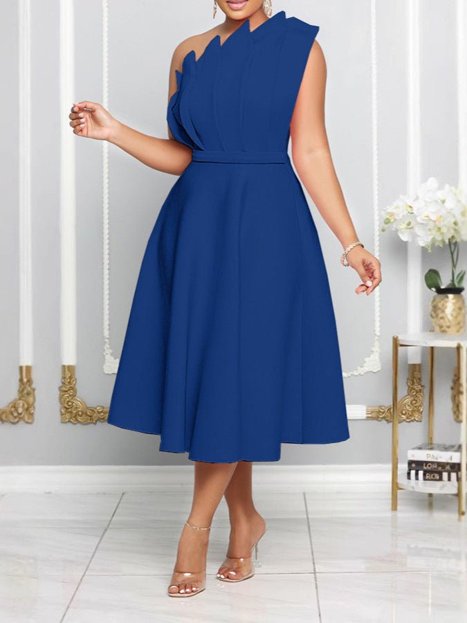 One - Shoulder Midi Zomerjurk Dames van Rayon met A - Lijn en Sculpted Detailing - ZovaFashion - Midi Jurken