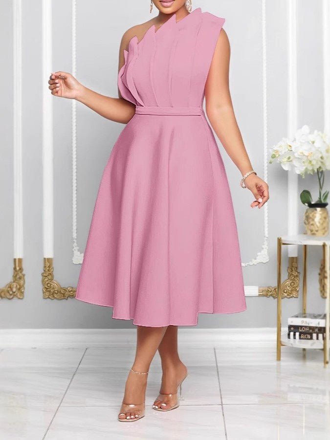 One - Shoulder Midi Zomerjurk Dames van Rayon met A - Lijn en Sculpted Detailing - ZovaFashion - Midi Jurken