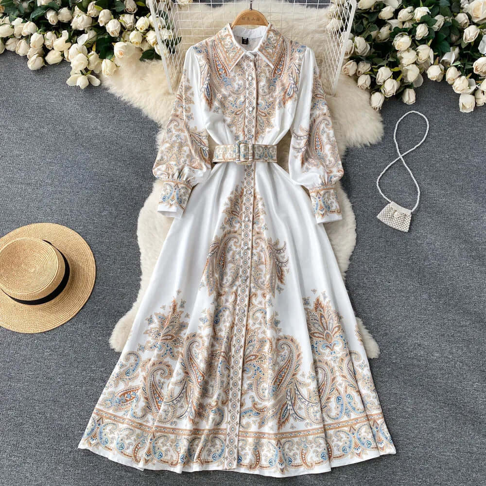 Paisley Maxi Zomerjurk van Rayon met A - Lijn en Lange Mouwen - ZovaFashion - Maxi Jurk