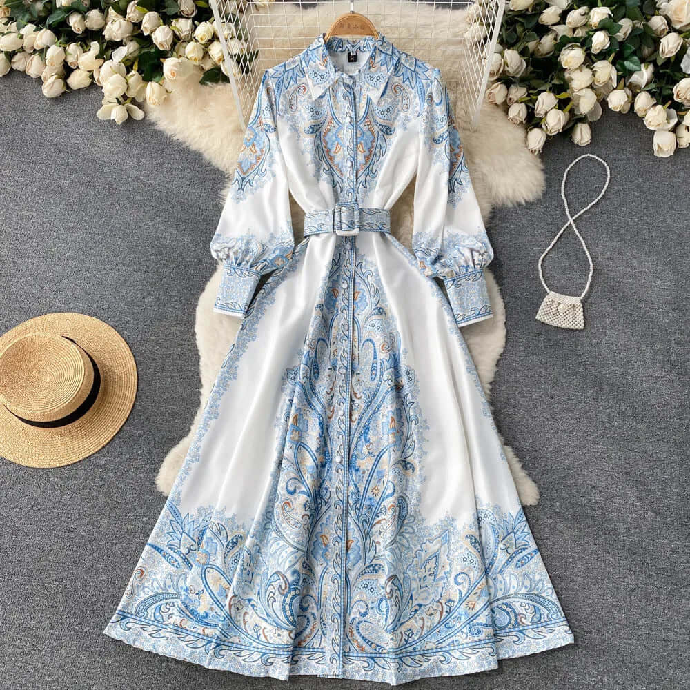 Paisley Maxi Zomerjurk van Rayon met A - Lijn en Lange Mouwen - ZovaFashion - Maxi Jurk