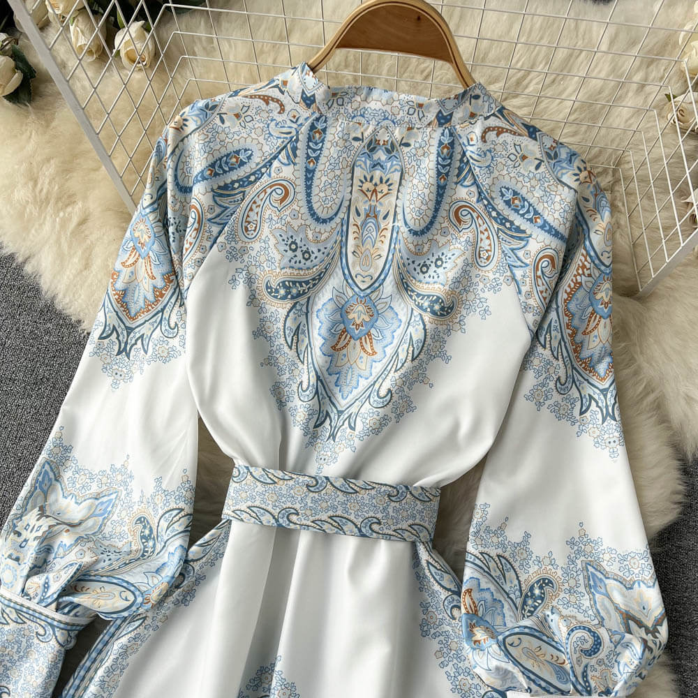Paisley Maxi Zomerjurk van Rayon met A - Lijn en Lange Mouwen - ZovaFashion - Maxi Jurk