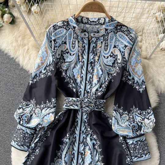 Paisley Maxi Zomerjurk van Rayon met A - Lijn en Lange Mouwen - ZovaFashion - Maxi Jurk